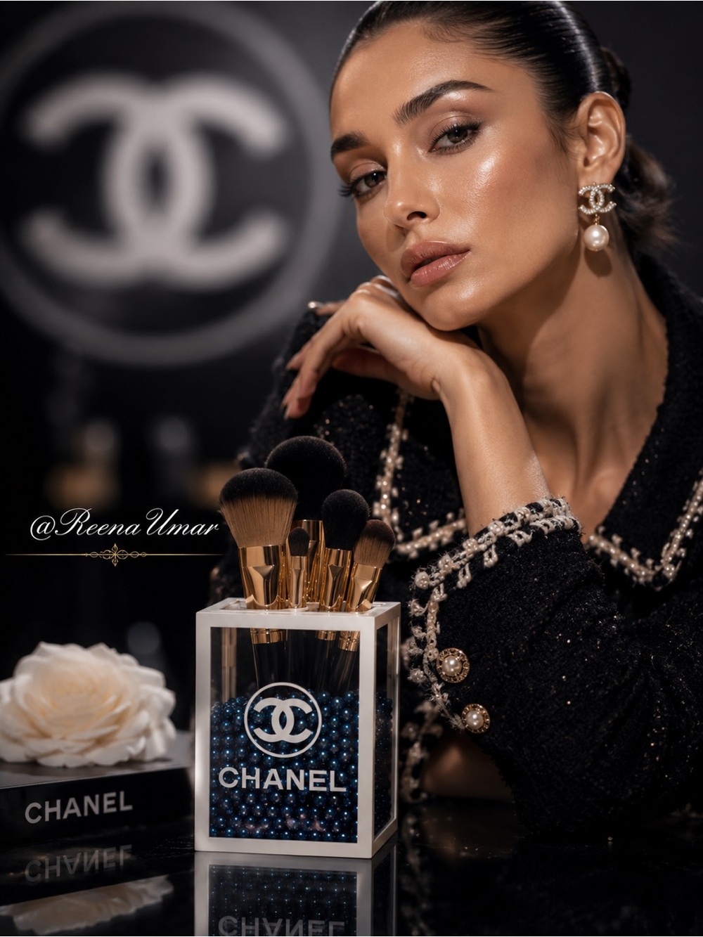 Chanel Beauty Glass Makeup Brush Holder with Blue Faux Pearls | Vanity Display